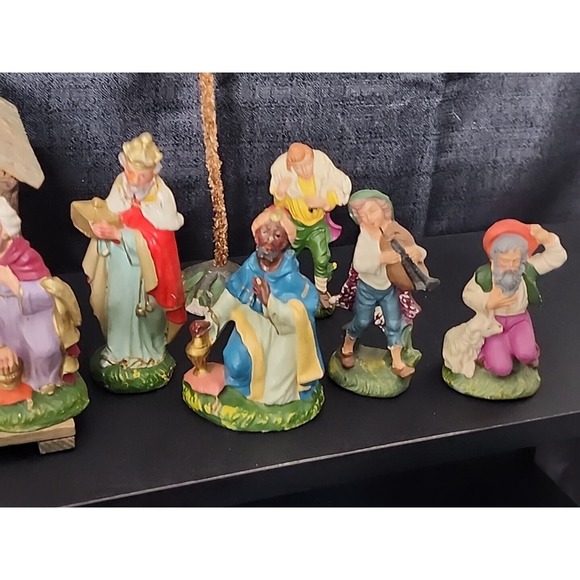 Antique 40s German Putz Chalkware Nativity Set w/ Creche 17pc Composition Palm - Picture 5 of 12